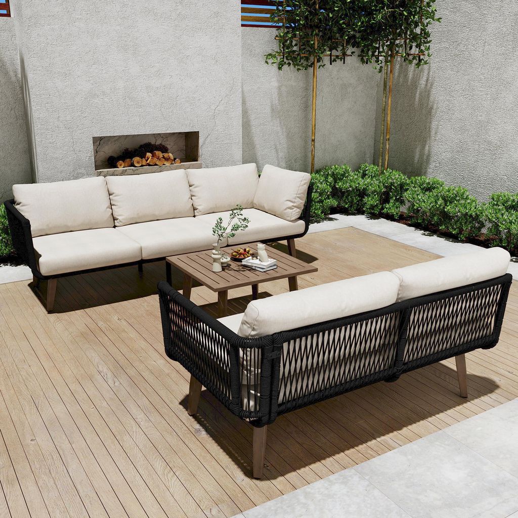 MODFU Gartenlounge-Set, Loungeset Sitzgruppe , Balkonmöbel-Set, Gartenmöbel-Set, mit Sofa + Couchtisch, Tischplatte in Holzmaserungsfarbe, Beige ...