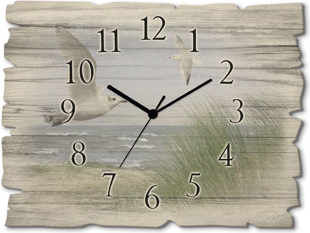 ARTland Holz Wanduhr Quarzuhr - schwarzer Zeiger Nordseestrand mit Möwen Größe: 40x30 cm