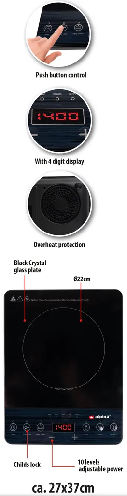 Réchaud Induction Pose Libre 2000W Noir avec Panneau Tactile et Sécurité - 15