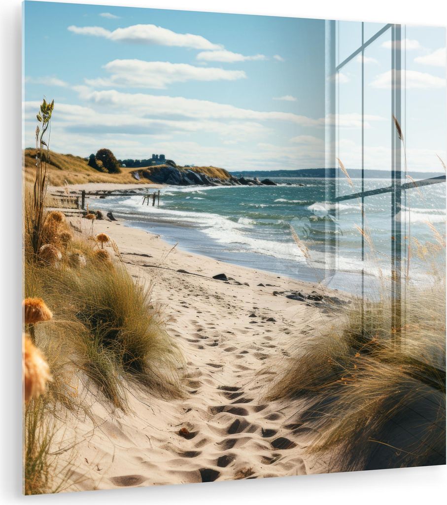 MuchoWow Glasbilder - Bilder auf Wandbild - Foto auf Glas Strand - Dünen - Strandhafer - Meer - Sand 90x90 cm Wanddekoration aus Glas - Acrylglasb...