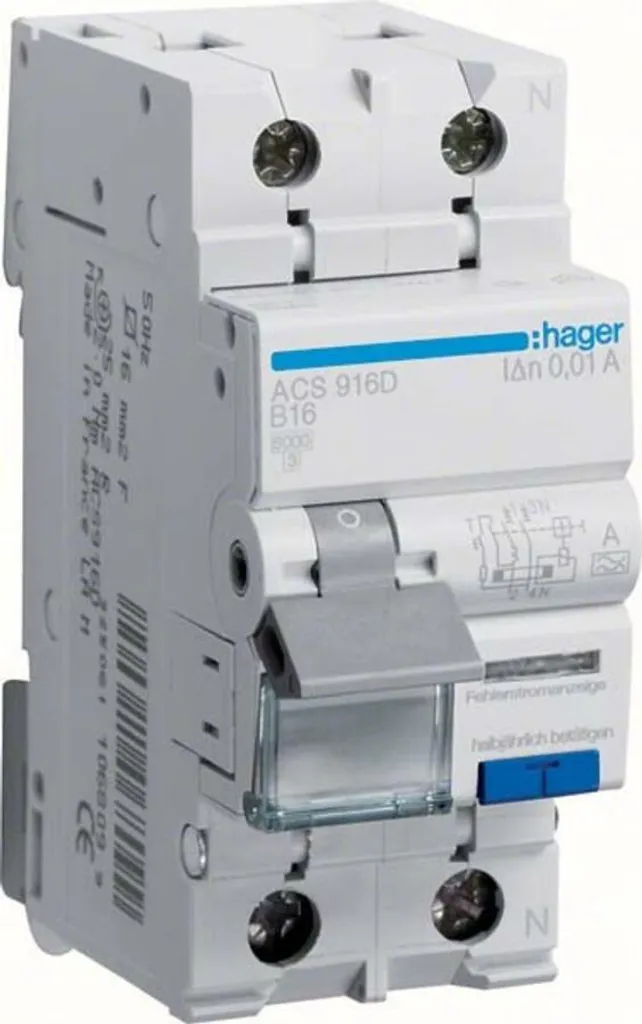 Disjoncteur différentiel FI/LS 1P+N 16A 10mA Hager ACS916D Courbe B 6kA