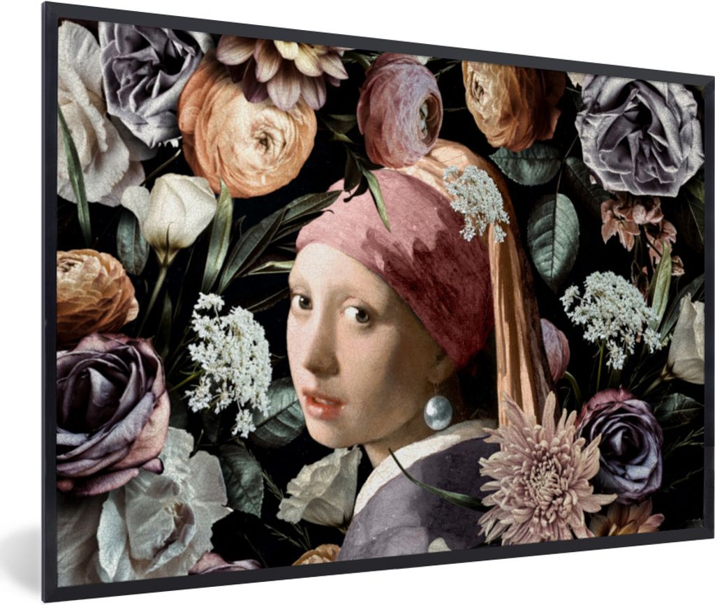 MuchoWow Gerahmtes Poster Mädchen mit Perlenohrring - Blumen - Vermeer - Pastell - Kunstwerk - Gemälde - Alte Meister 60x40 cm - Poster mit Sch...