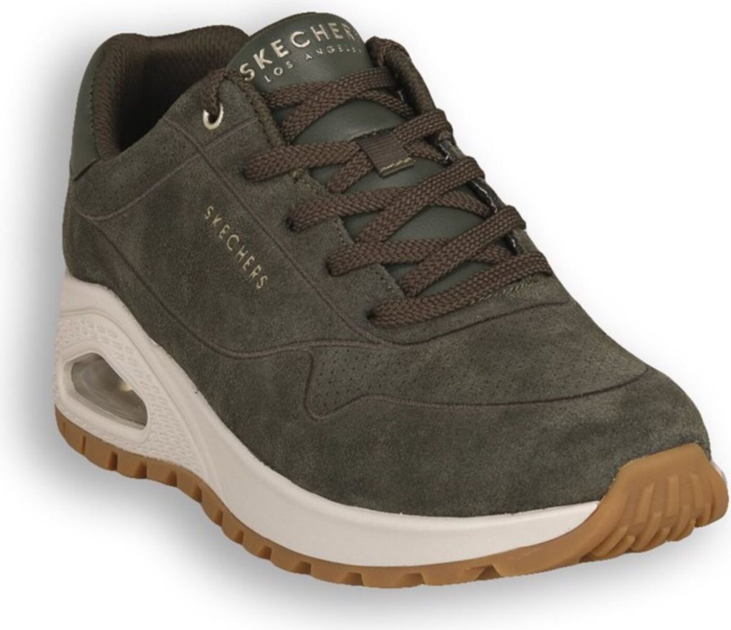 A single green Skechers sneaker is shown from a slightly elevated side angle against a white background.