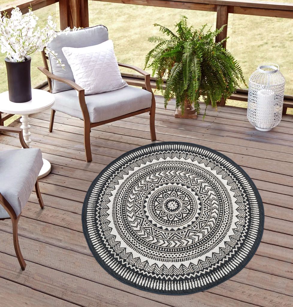 Rikmani Outdoor Teppich rund Wetterfest für Terrasse, Balkon, modernes Design, ideal für Küche und Esszimmer, robuster Teppich