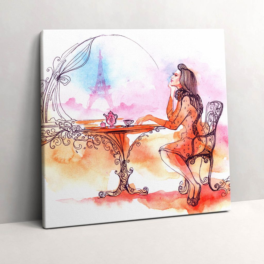 Woman drinking tea in Paris – Leinwandbild Wandbild – 60x60 cm – Leinwandbilder – Wandbilder – Schlafzimmer – Flur