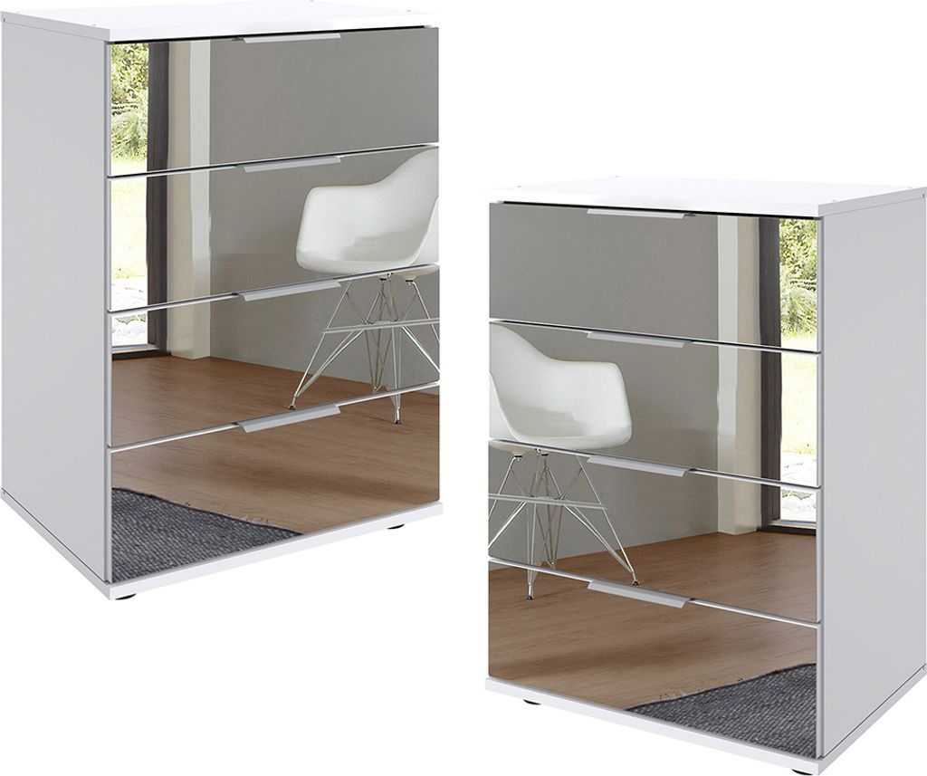 Nachtschrank 2er Set 74cm hoch, weiß mit Spiegelfront, ideal für Boxspringbetten, STRATFORD-43
