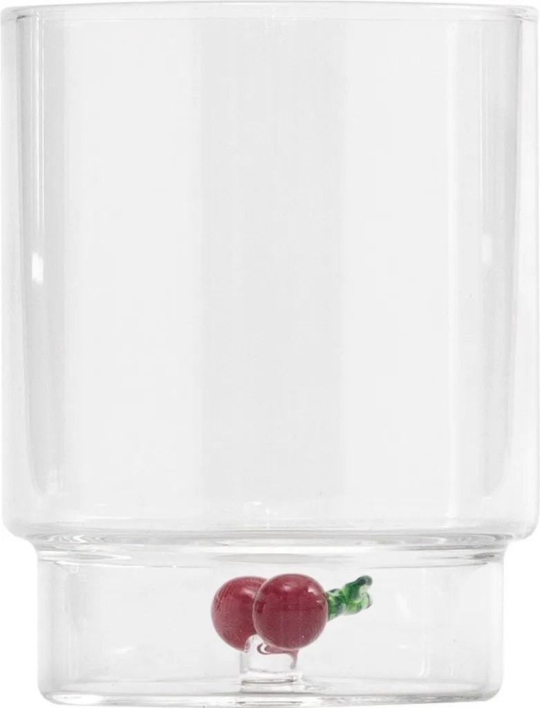 Zafferano Teca Frutta - Set 6 Bicchieri in Vetro Borosilicato con Ciliegie - Tumbler 35 cl Doppio Fondo Decorato a Mano, Lavabili Facilmente