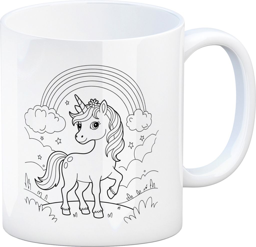 Einhorn und Regenbogen Kaffeebecher zum Ausmalen