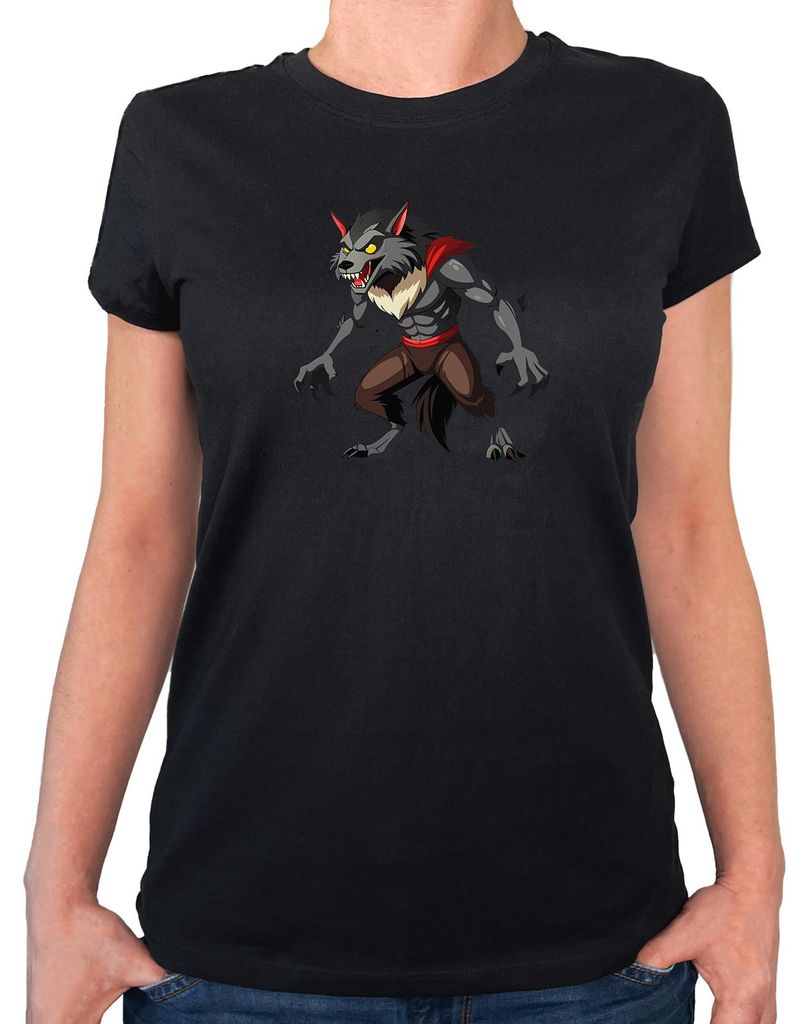 Huuraa Damen T-Shirt Werwolf Fabelwesen S Black Bio Baumwolle Fairtrade Damenshirt Geschenkidee