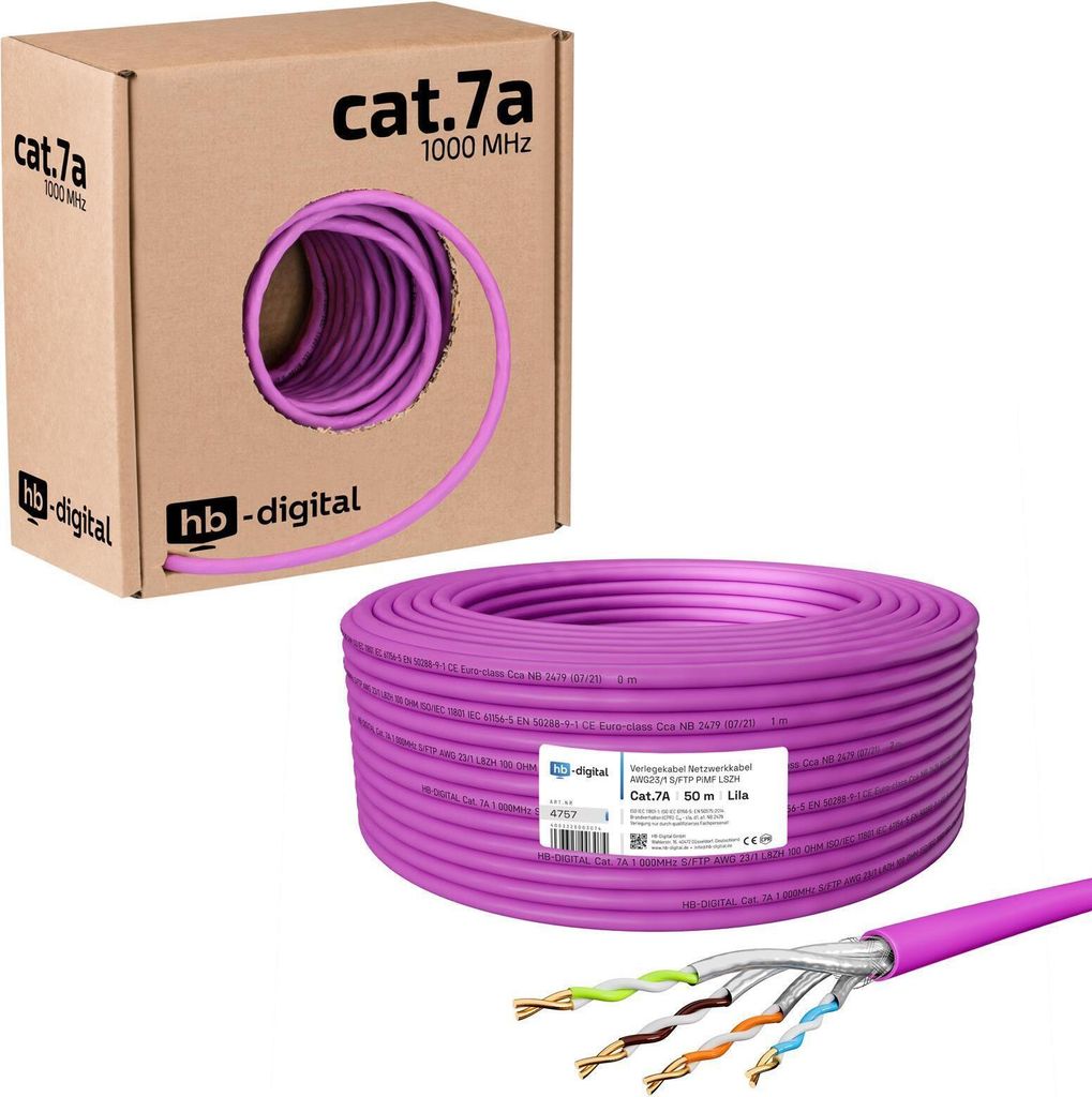 hb-digital Verlegekabel CAT 7a Installationskabel 50m max. 1200 MHz S/FTP AWG23 LSZH lila
