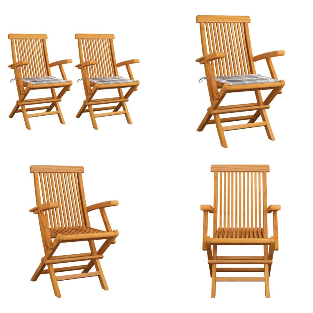 vidaXL Gartenstühle Graue Karomuster Kissen 2 Stk. Massivholz Teak - Gartenstuhl - Gartenstühle - Gartenstuhl Holz - Gartenstuhl Massivholz