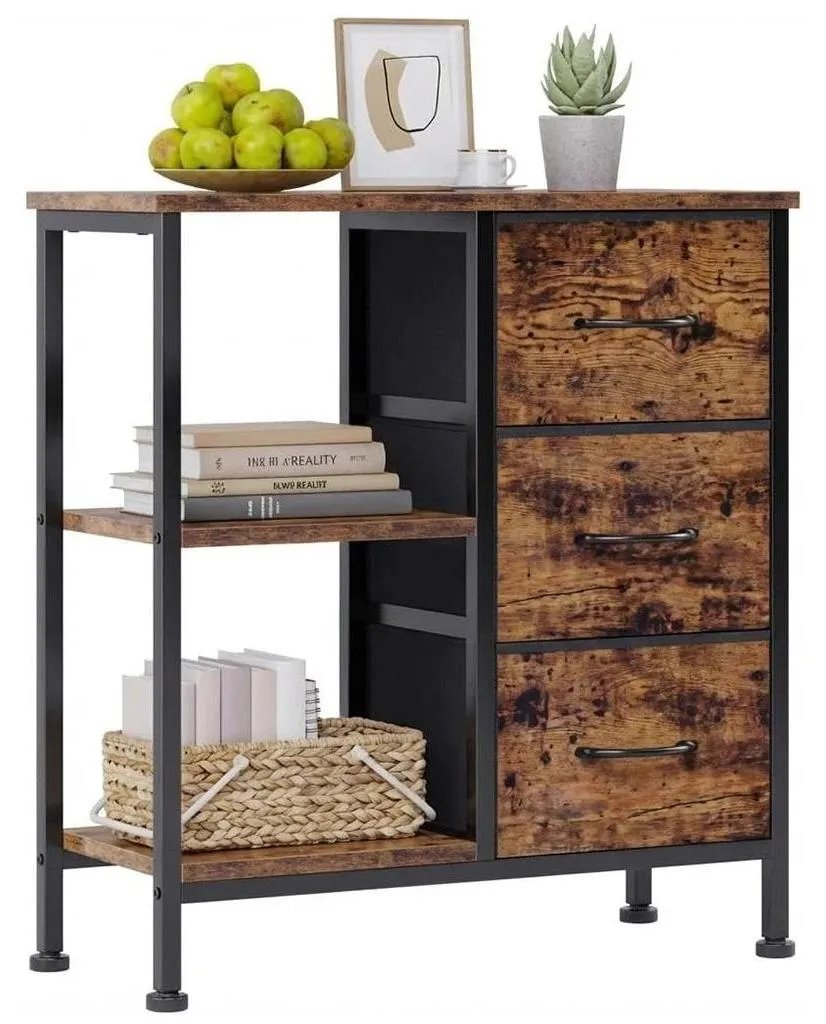 Table de Chevet à 3 Tiroirs en Tissu et Étagère, Structure Métal Marron