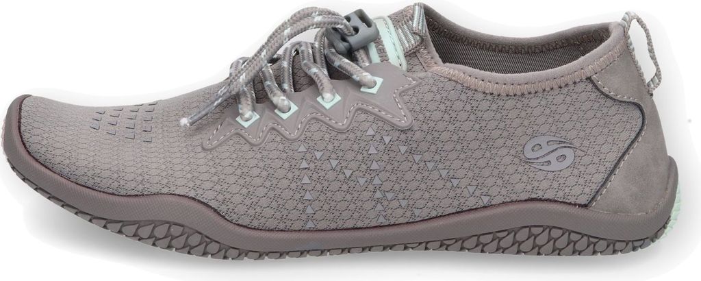A side view of a gray sneaker.