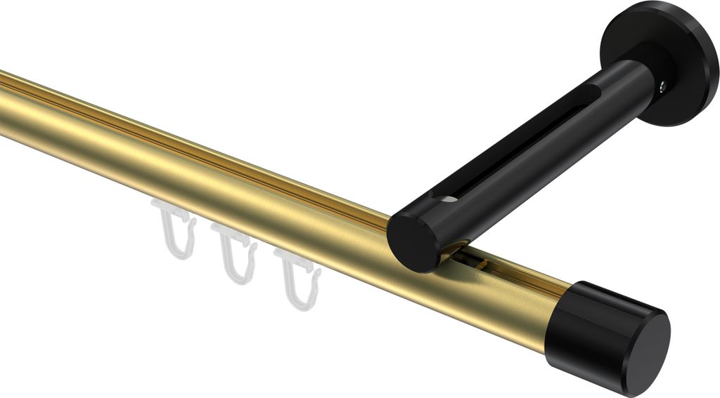 Interdeco Innenlaufstange / Gardinenstange mit Innenlauf Messing-Optik / Schwarz, Typ Siteno Santo (Kappe), 20 mm Ø 1-läufig, 200 cm