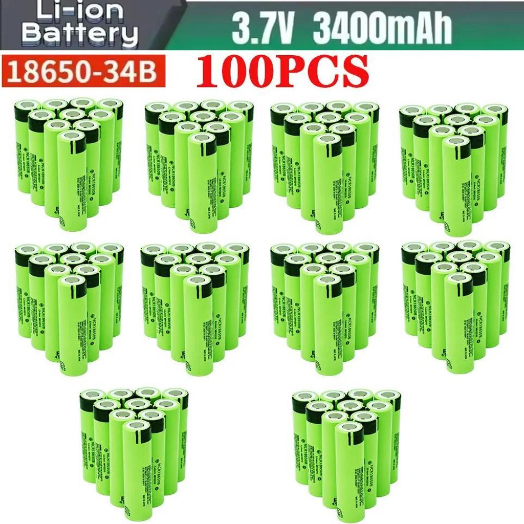 18650 Lithium-Ionen Akku - Wiederaufladbare Batterie - 3,7 V - 3400 mAh Kapazität - Ersatzakku für Taschenlampe - Set mit 100 Stück
