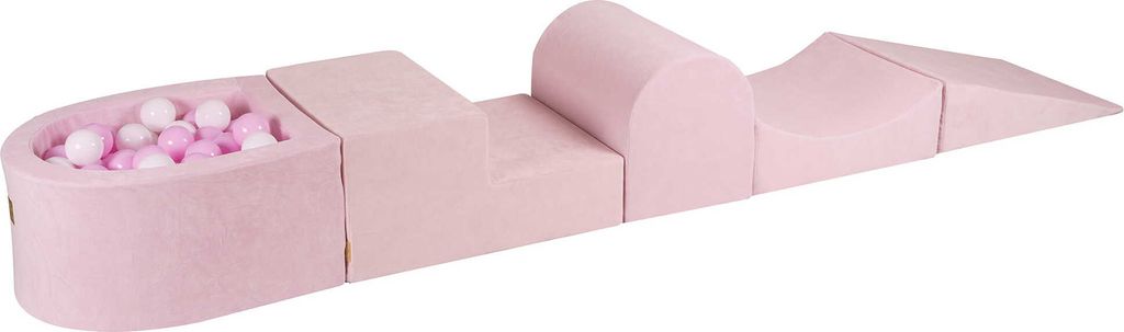 MeowBaby Spielplatz aus Schaumstoff 4-Element Schaumspielset mit Kleine Bällebad, 100 Bälle, 57x45x30cm, Samt, Puderrosa: Weiß, Pastellrosa