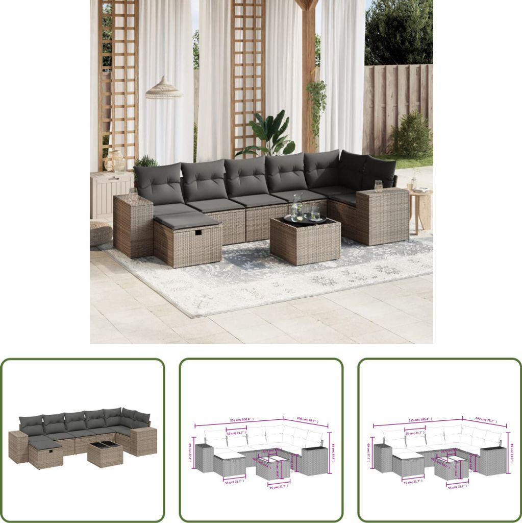 The Living Store 8-tlg. Garten-Sofagarnitur mit Kissen Grau Poly Rattan