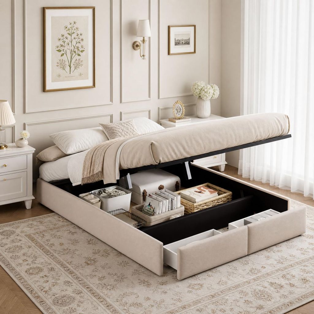 Cama tapizada INONEFT de 140x200 cm, plataforma, cama doble Imagen del producto 