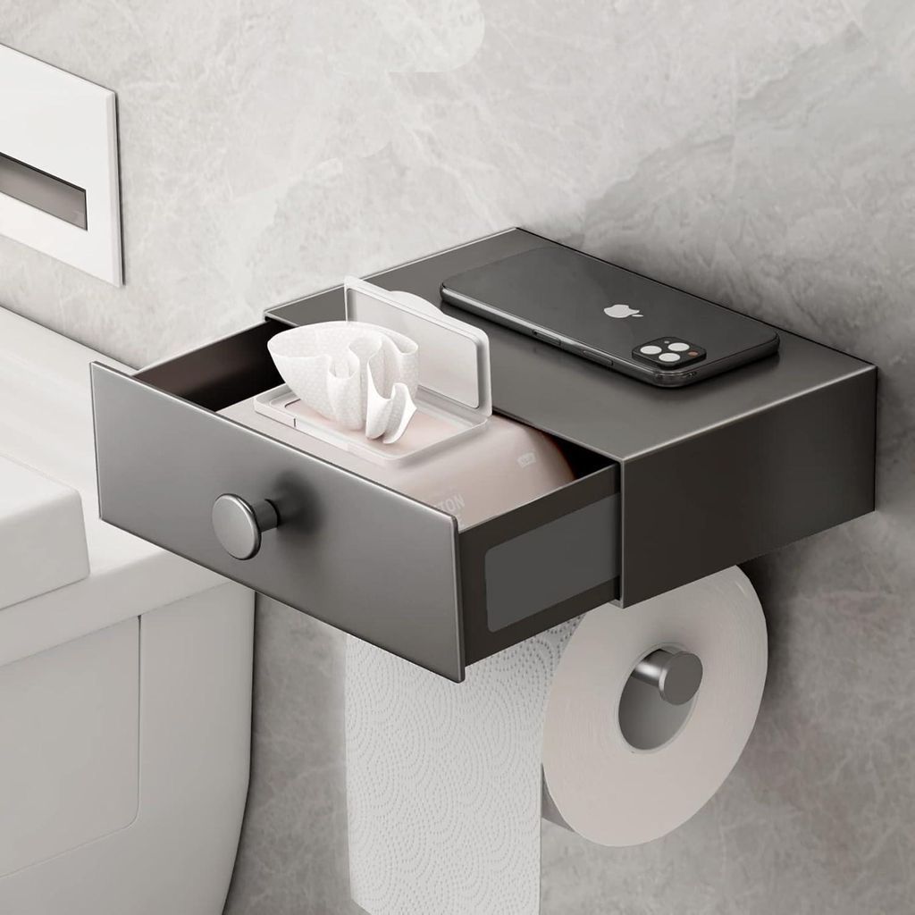 Toilettenpapierhalter mit Regal und Schublade - Wandmontage - Grau
