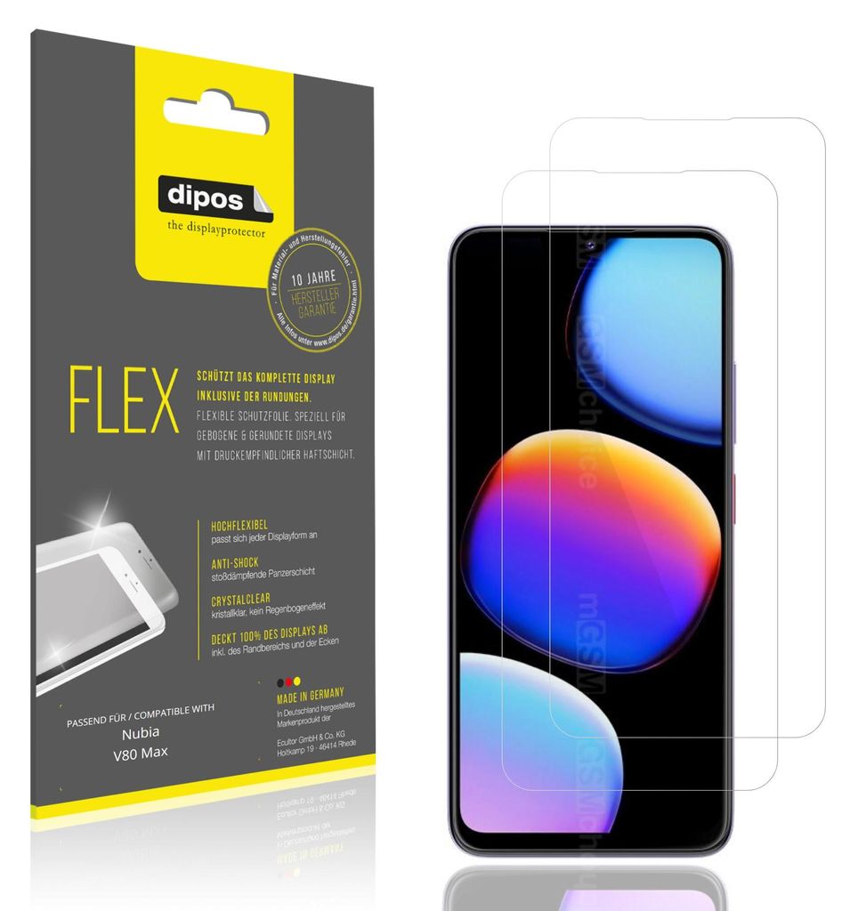 2x Schutzfolie für Nubia V80 Max Folie, 100% Displayabdeckung, dipos Flex