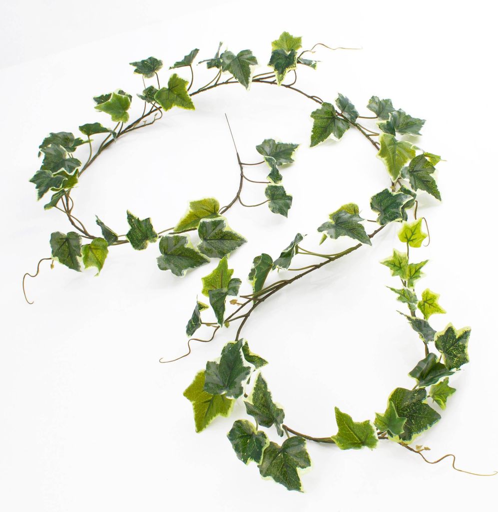 artplants.de Künstliche Efeu Girlande real Touch, weiß - grün, 65 Blätter, 180cm - Kunstgirlande - Dekogirlande