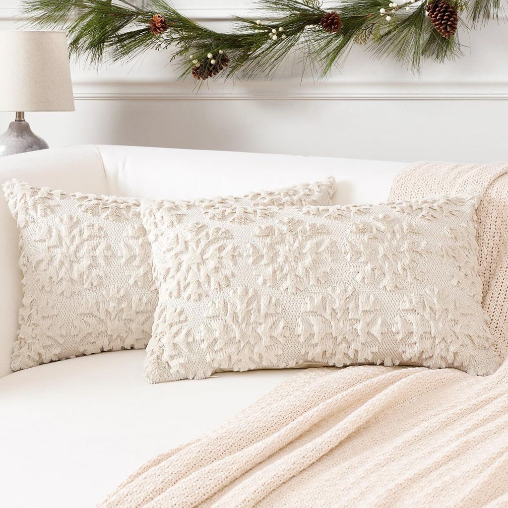 Set mit 2 Kissenbezügen aus weicher Wolle, kurzem Samt, dekorative Weihnachtskissen für Sofa und Schlafzimmer, Schneeflockenmuster, cremefarben, ...