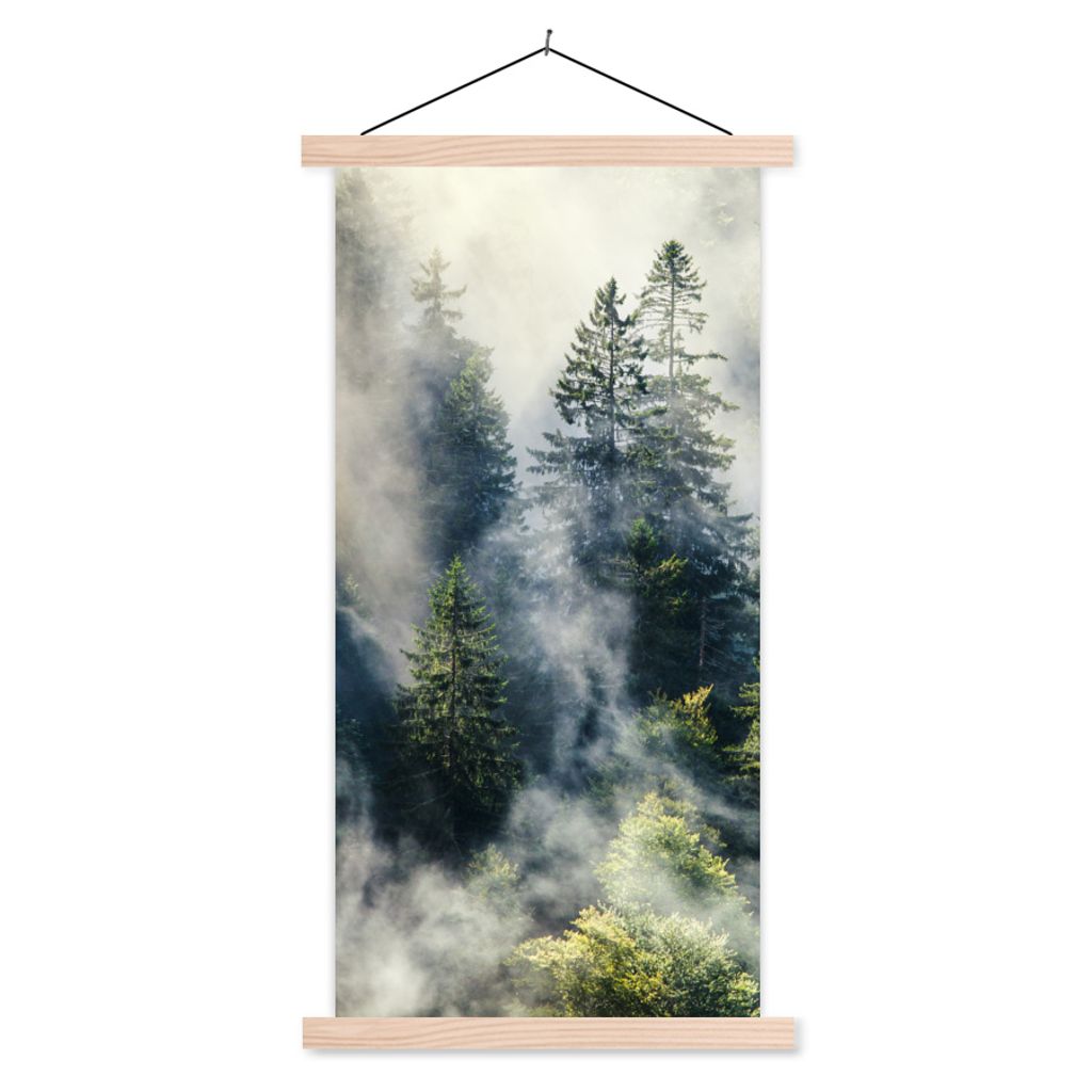 MuchoWow Textilposter Nebelschwaden ziehen durch den Schwarzwald 60x120 cm mit holzfarbenen Rahmen - Holz