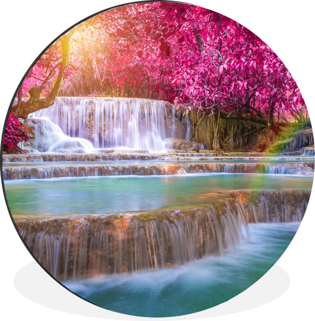 MuchoWow Aluminium Wandkreis Wasserfall - Regenbogen - Bäume - Rosa - Natur Ø 30 cm Wanddeko Modern Wohnzimmer - Wand Bild - Wohnzimmer - Runde...