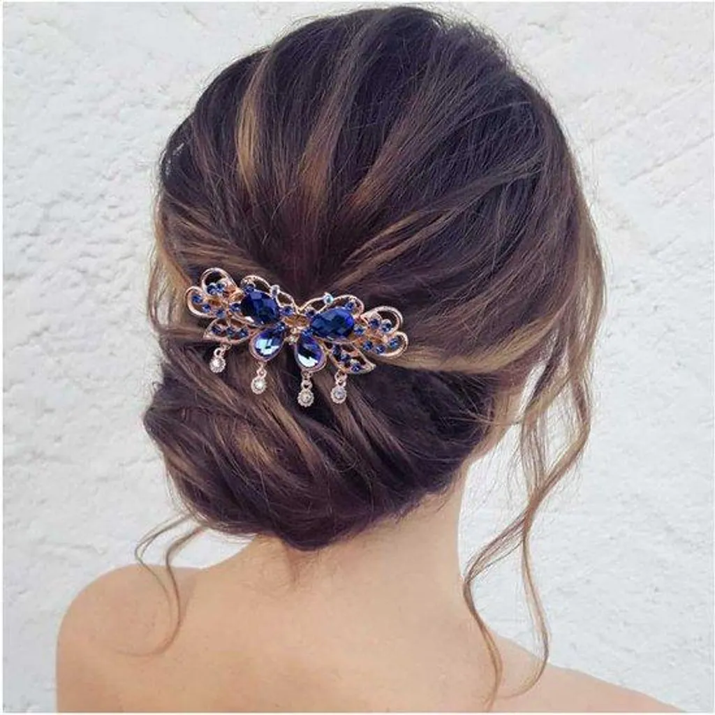 Barrettes Cheveux Papillon Vintage Cristal Bleu et Strass CZ - Lot de 2