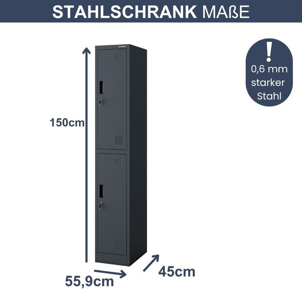 Umkleideschrank Spind IGOR 2 Abteile Etikettenhalter Lüftungsschlitze | Umkleidespind Schließfachschrank Garderobenspind 185x31,7x45cm Anthrazit