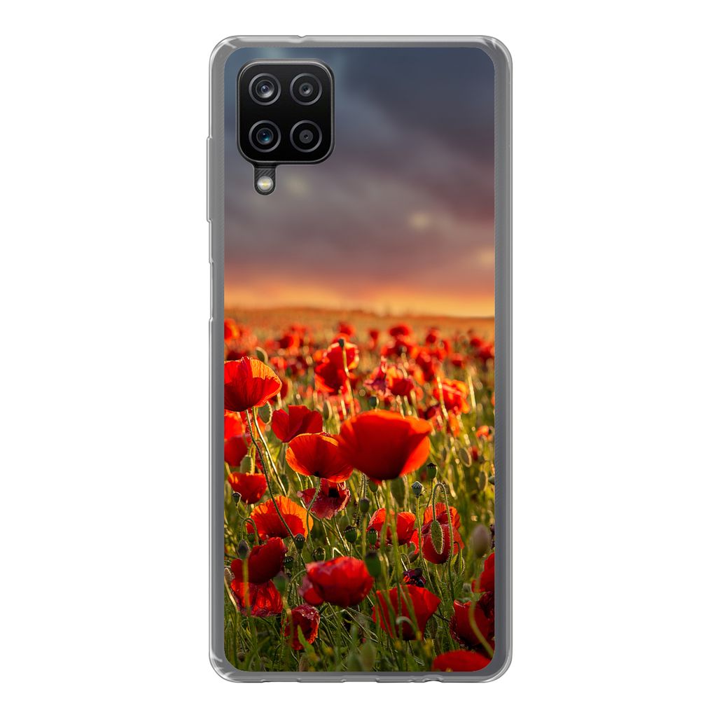 MuchoWow Handyhülle Schutzhülle Hülle für Samsung Galaxy A12 Sonnenuntergang über einem Feld von Mohnblumen Silikon Softcase Handy Hülle - ...