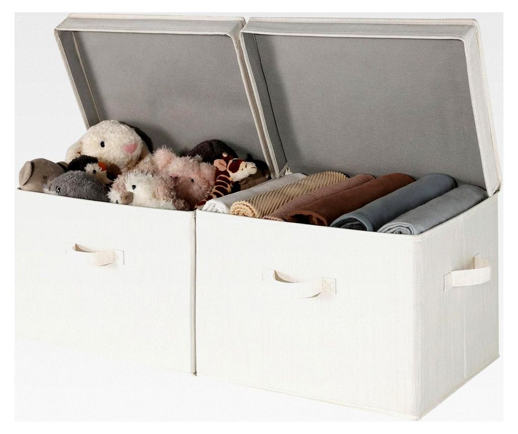 Aufbewahrungsbox mit Deckel, große Stoffboxen mit Griffen, faltbarer Korb für Kleidung, in Beige, Weiß und Elfenbein, 2 Stück
