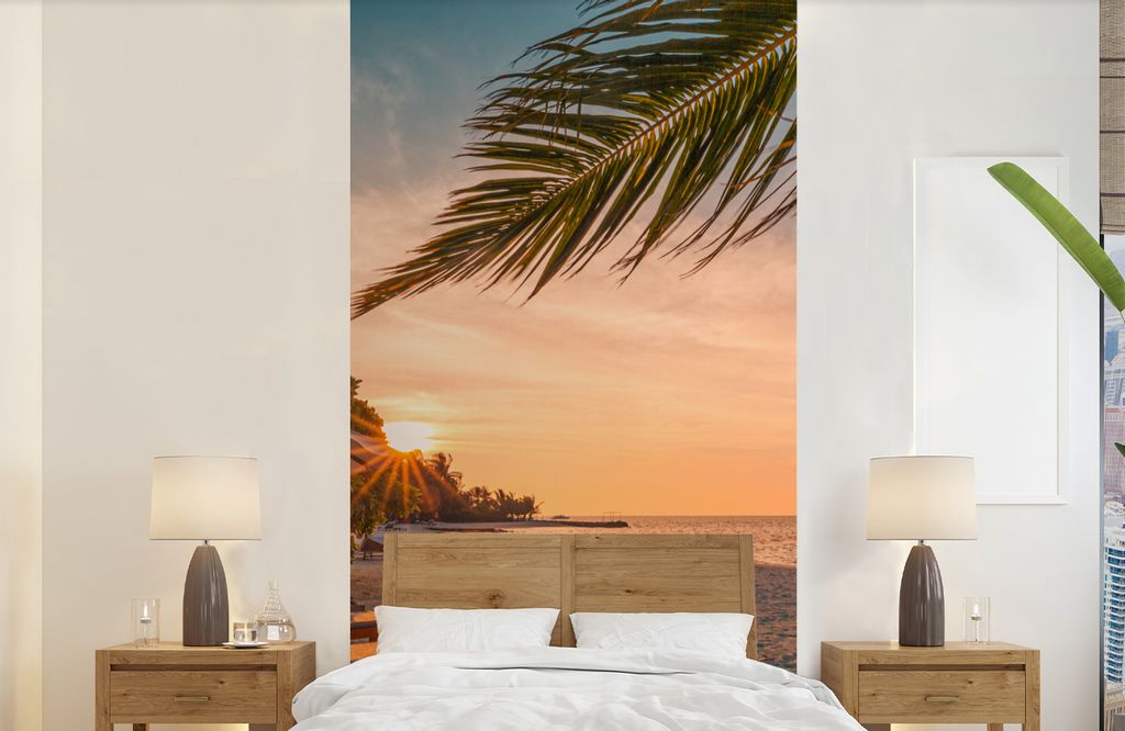 MuchoWow Fototapete für Wohnzimmer oder Schlafzimmer Wandtapete Vinyl Motivtapete Strand - Strandkorb - Sonnenuntergang - 120x240 cm - Hintergru...