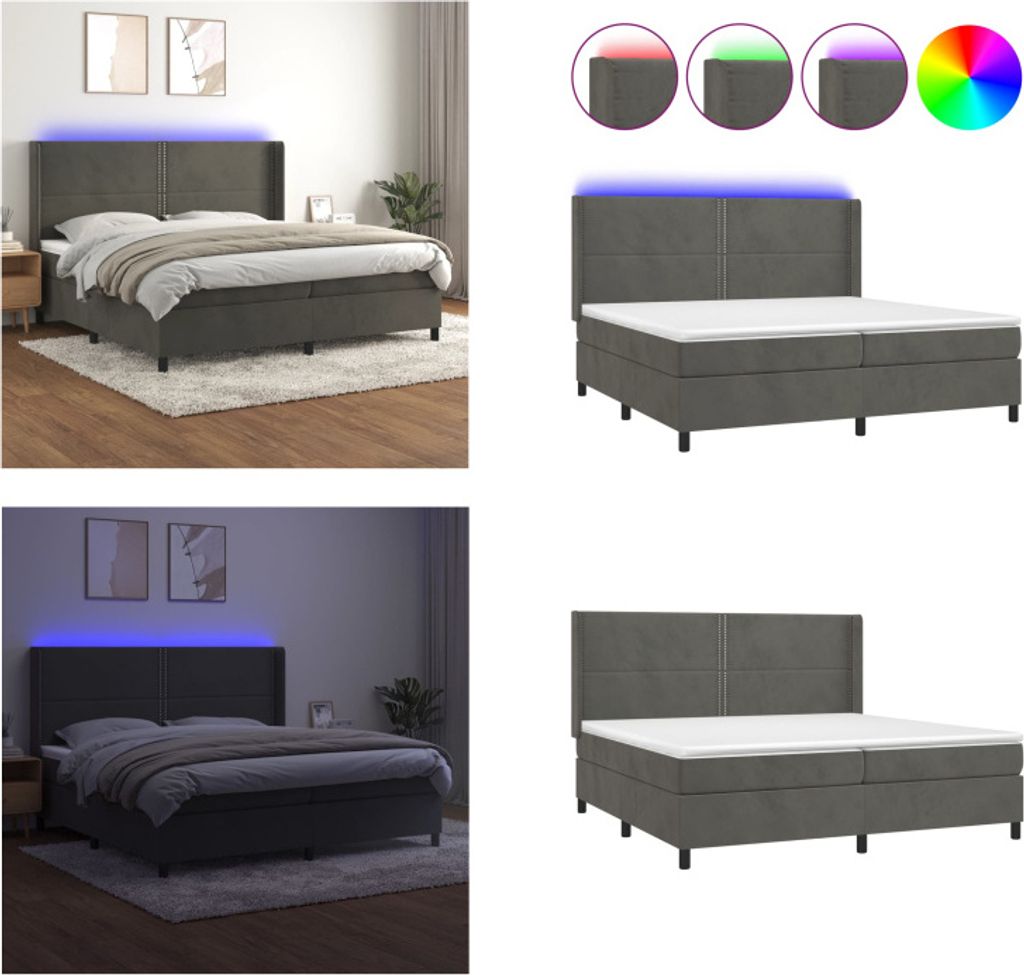 vidaXL Boxspringbett mit Matratze & LED Dunkelgrau 200x200 cm Samt - Boxspringbett - Boxspringbetten - Bett - Betten