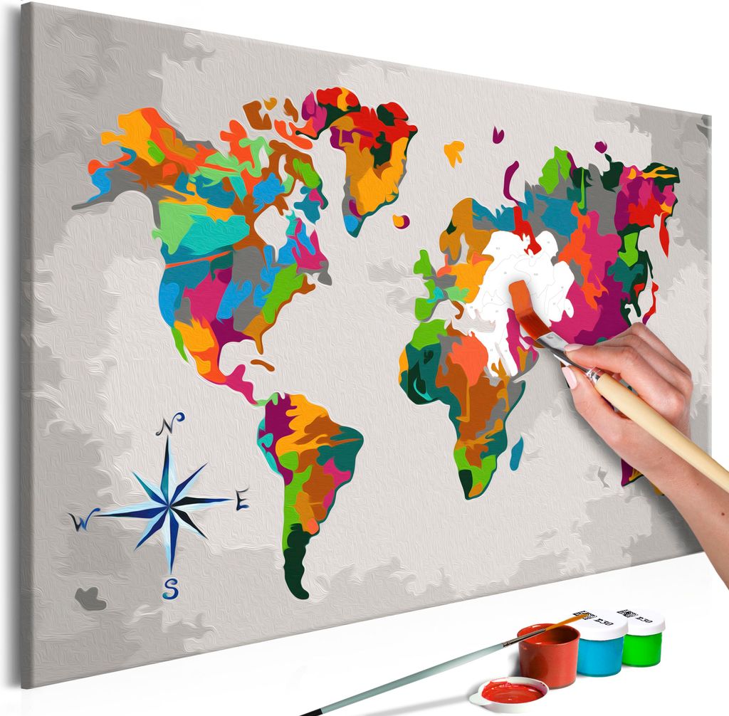 Malen nach Zahlen Weltkarte 50x40 cm Malset mit Holzrahmen auf Leinwand für Erwachsene Kinder Gemälde Handgemalt Kit DIY n-A-0278-d-a