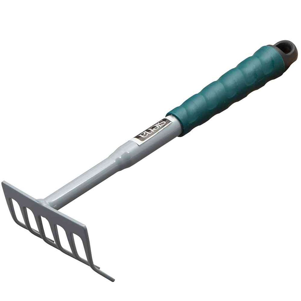 A garden rake with a green handle is shown against a white background.