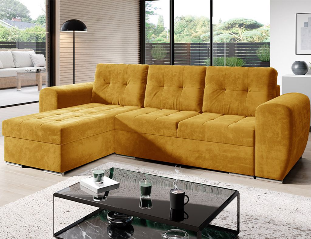 MODERNO Ecksofa mit Schlaffunktion und Bettkasten BARI, Universal, Gelb