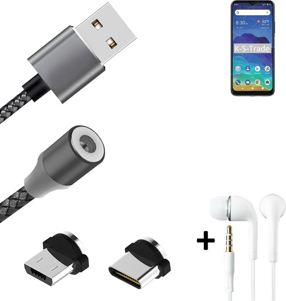K-S-Trade Hochwertiges Magnet-Lade-kabel Sync-Kabel Daten-Kabel + Kopfhörer kompatibel mit ZTE Blade 11 Prime mit USB-Typ-C-Anschluss und