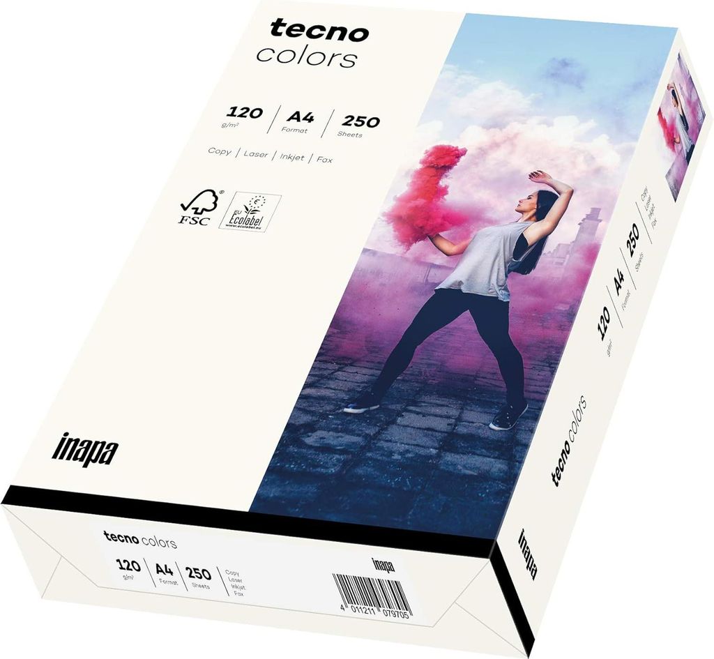 inapa farbiges Druckerpapier, buntes Papier tecno Colors: 120 g/m², A4, 250 Blatt, naturweiß