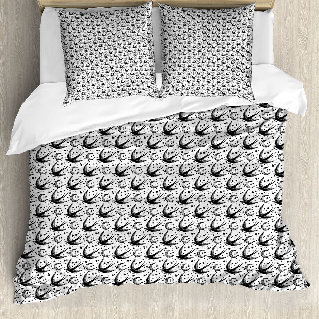 ABAKUHAUS Mond Bettbezug, Fliegen Schwalben Sterne, Milbensicher Allergiker geeignet mit Kissenbezügen, 200 cm x 200 cm - 80 x 80 cm, Schwarz-Weiss