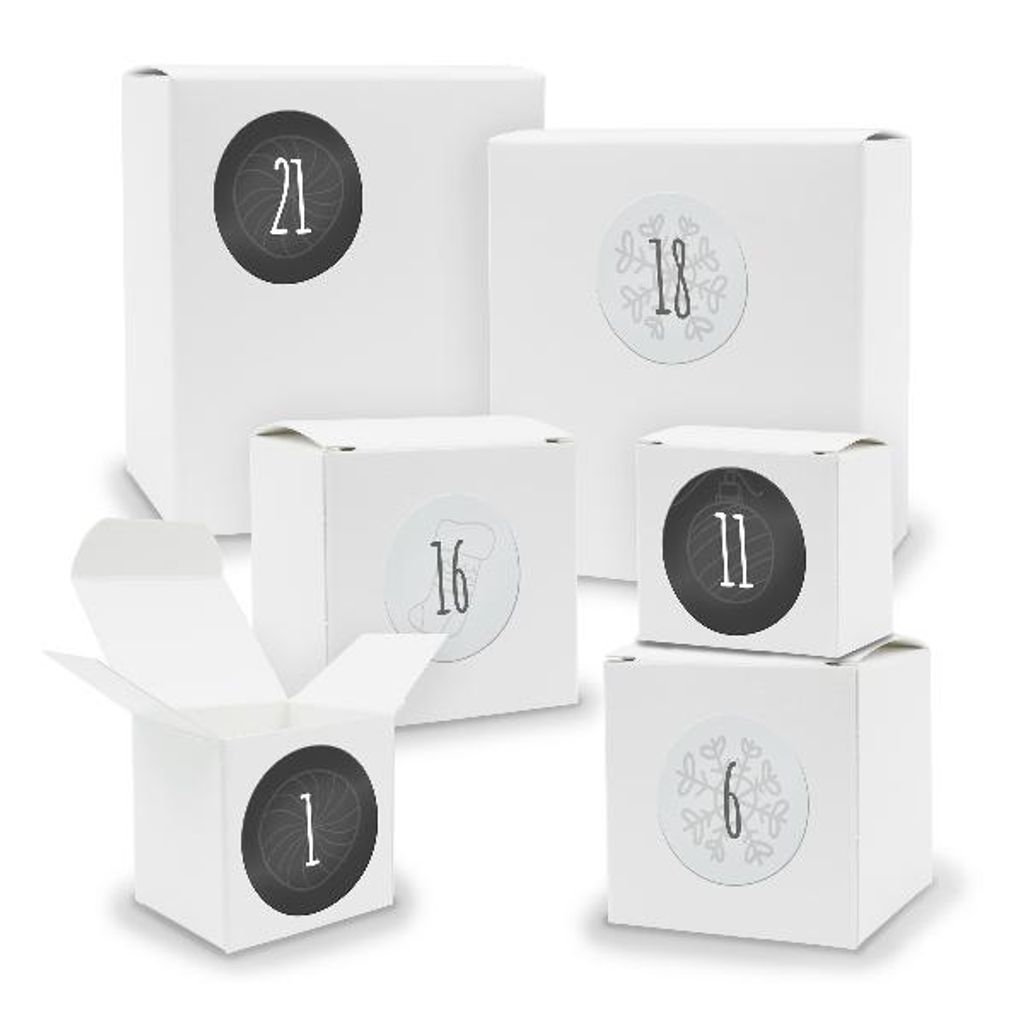 Adventskalender zum Füllen 24x Quader Würfel gemischt WEISS + Sticker (V01 Z13)