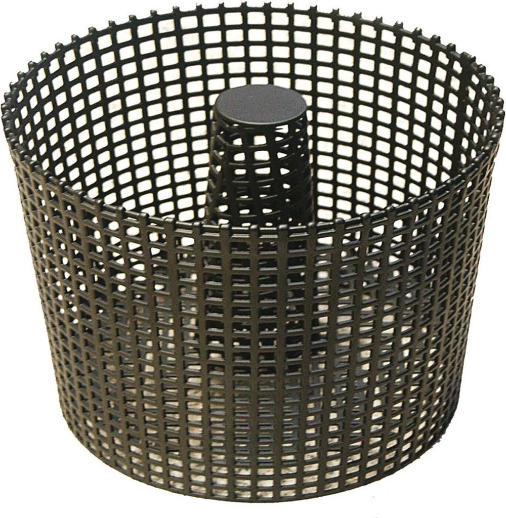 A black mesh basket with a conical insert, isolated on a white background.