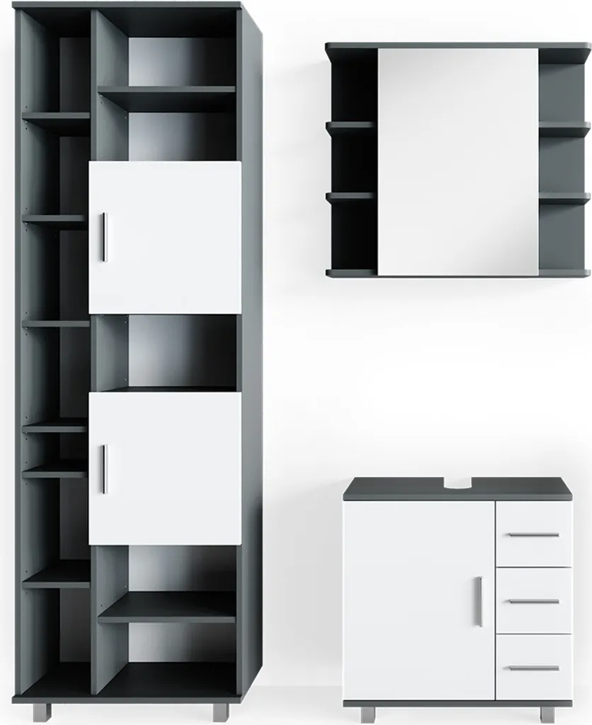 Meuble Salle de Bain Anthracite Vicco Ilias 3 Pièces et Armoire Haute