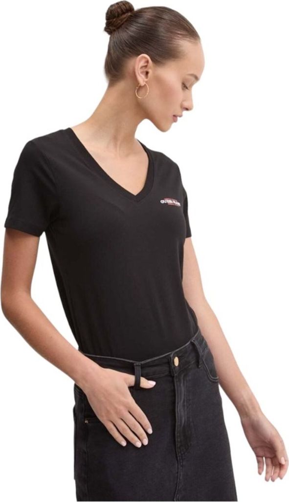 Damen T-Shirt Schwarz: Slim Fit, V-Ausschnitt, Baumwolle, Druck