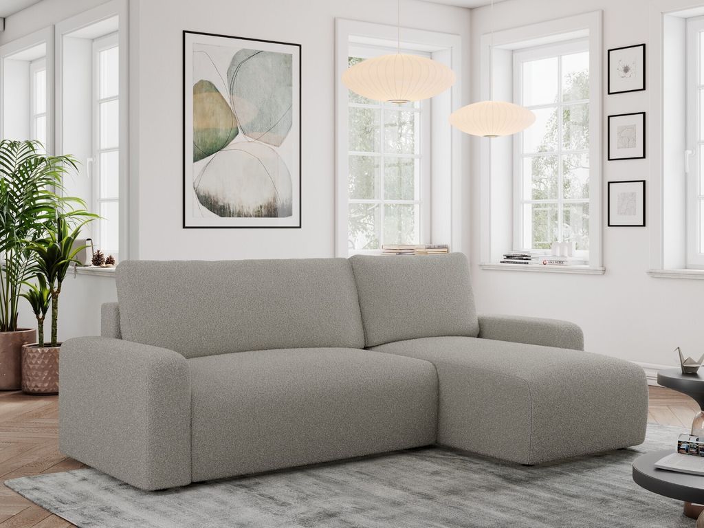 Boucle Stoff, Boucle Couch, Sofa mit Schlaffunktion und Bettkasten, Schlafsofa Boucle, Couchgarnitur Ecke Bettcouch, Boucle Stoff - ARGOS - Grau Bo...