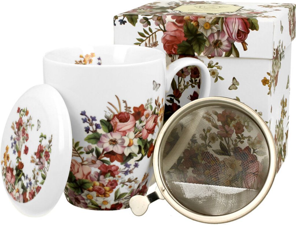 DUO FLORAL Becher 380 ml VINTAGE FLOWERS WHITE mit Teesieb, New Bone China Porzellan