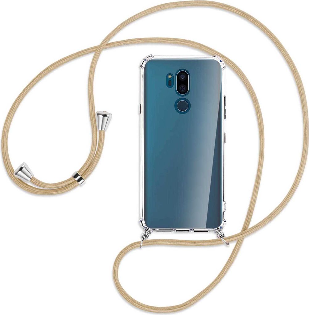 Handykette Backcover-Schutzhülle mit Band (Metall silberfarben) für LG G7 ThinQ, LG G7+ (G710EM) - caramel