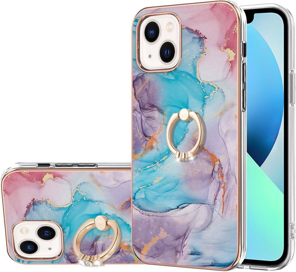 Hülle für iPhone 13 Muster TPU Silikon Stoßdämpfer Bumper Schutzhülle mit Ring Ständer Blau