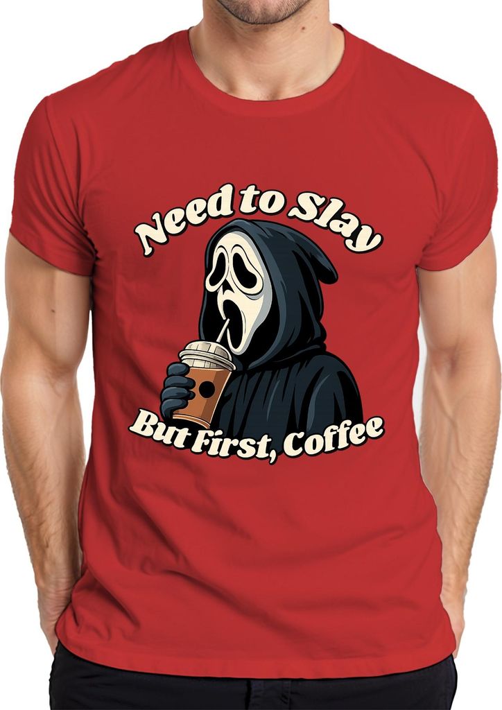 But First Coffee Sensenmann Halloween Kaffee Gothic Lustig Grusel Herren T-Shirt, Rot, XL