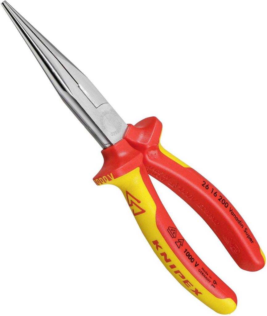 A pair of insulated long-nose pliers with red and yellow handles, set against a white background.